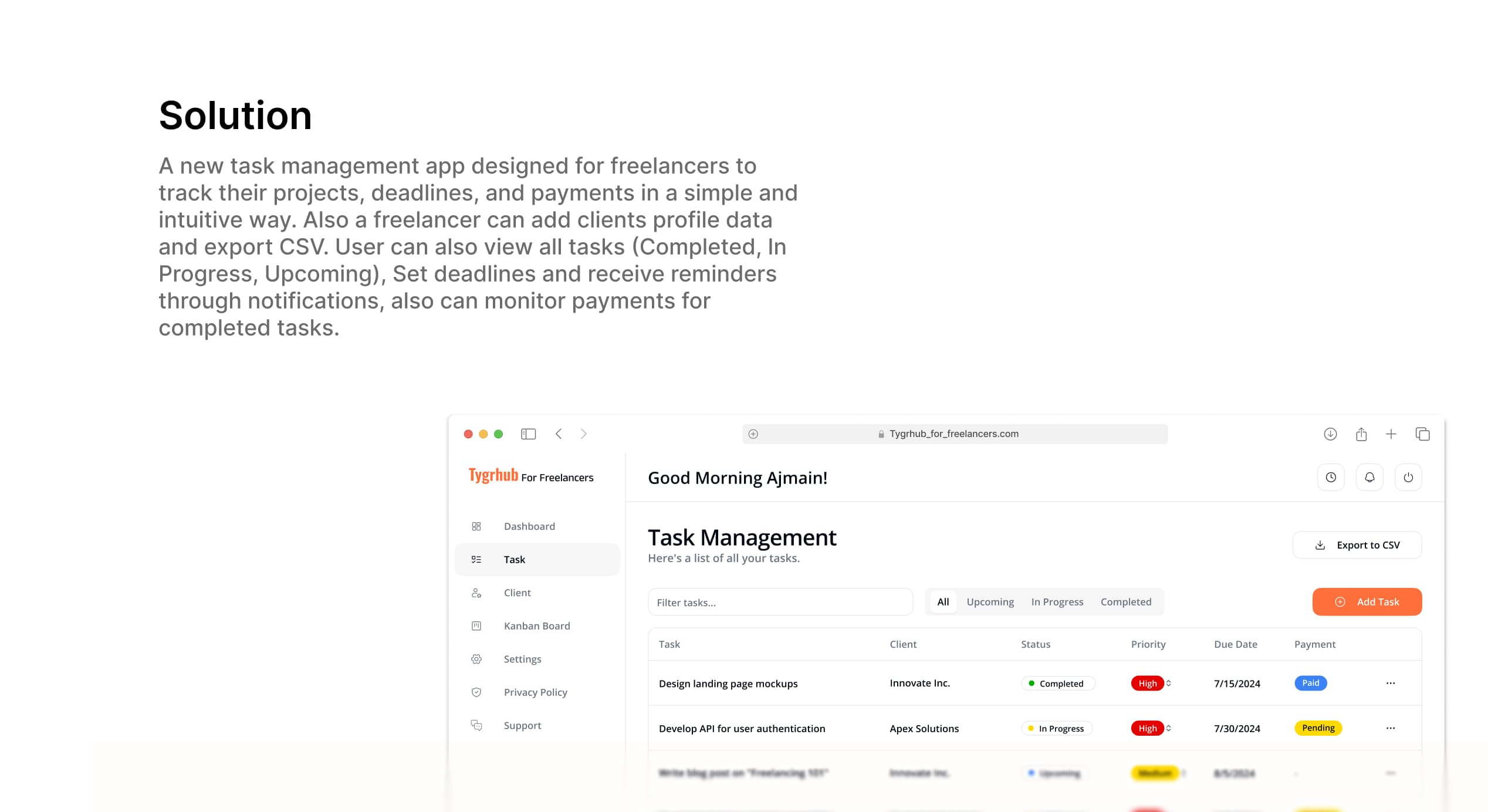Client and project management dashboard UI with task lists, progress bars, and team performance analytics.