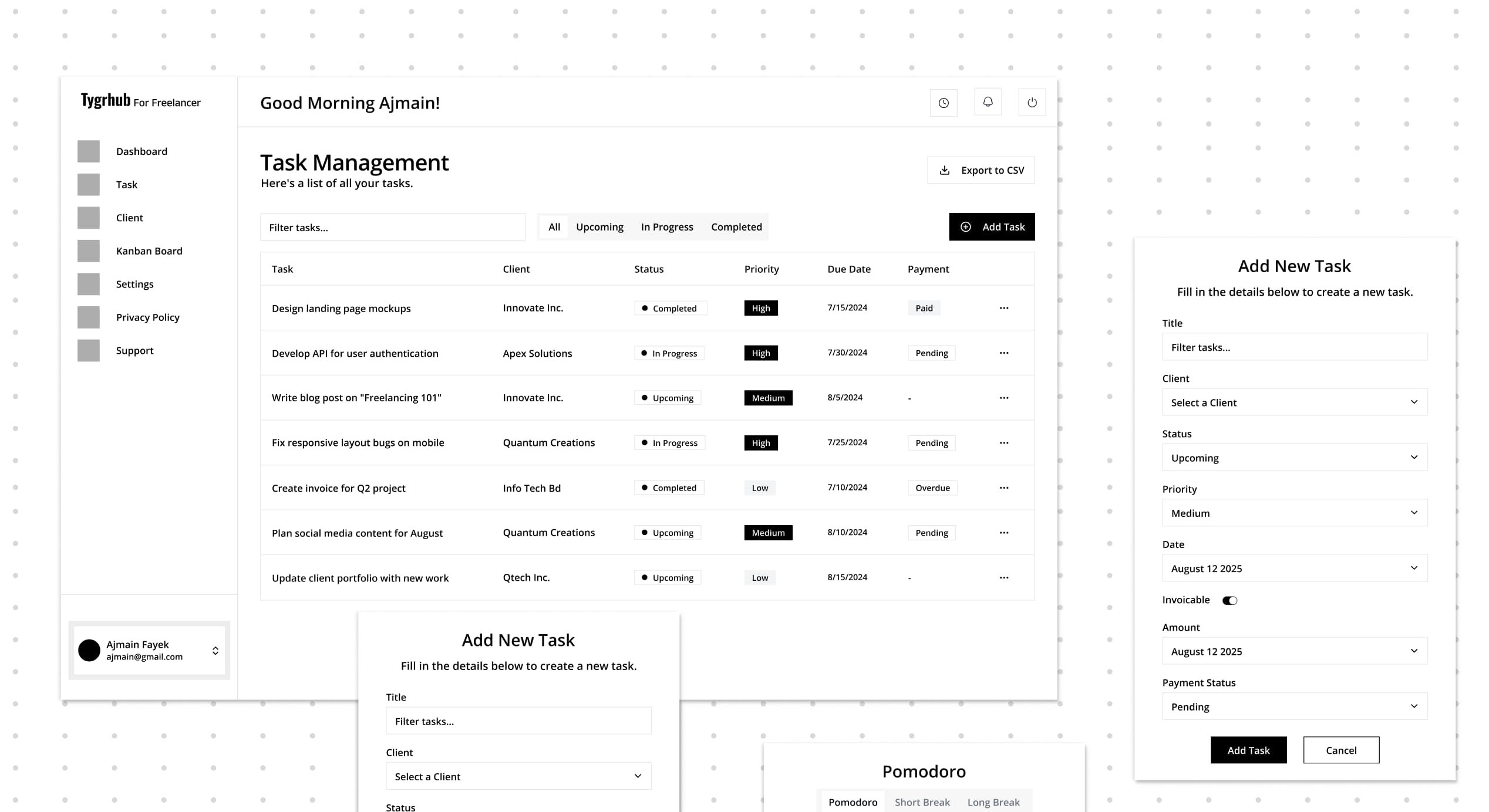 mid fidelity wireframe image of case study client management system