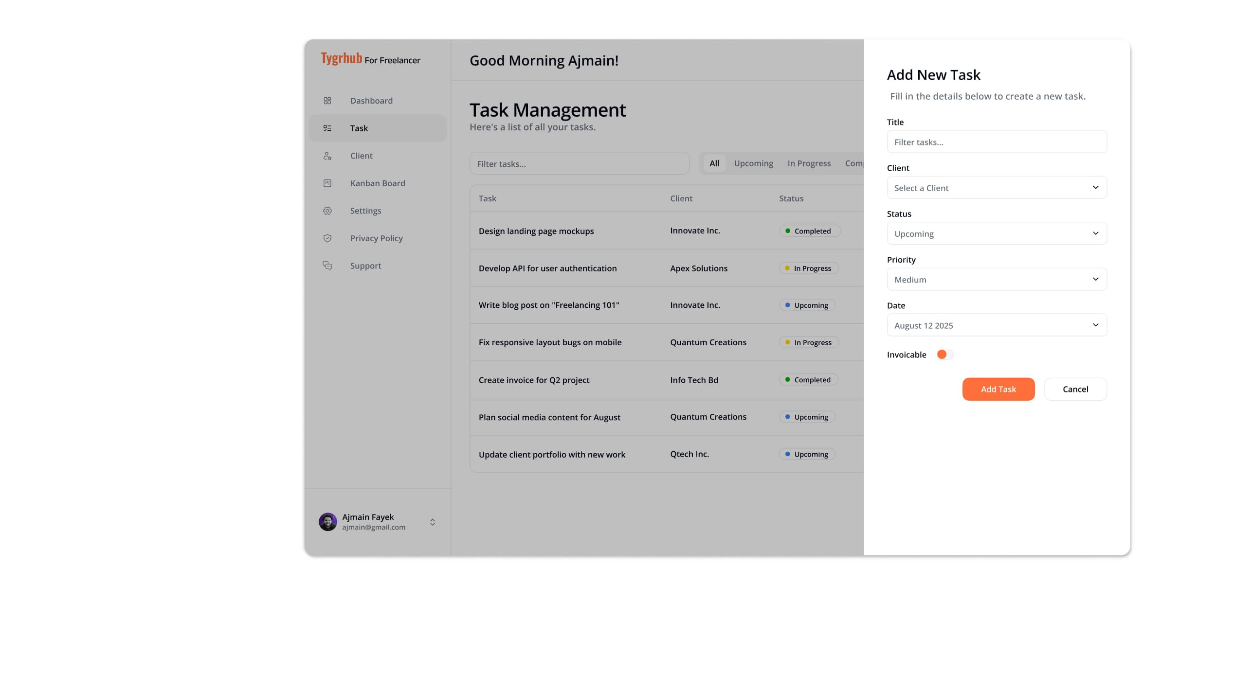 Client and project management dashboard UI with task lists, progress bars, and team performance analytics.