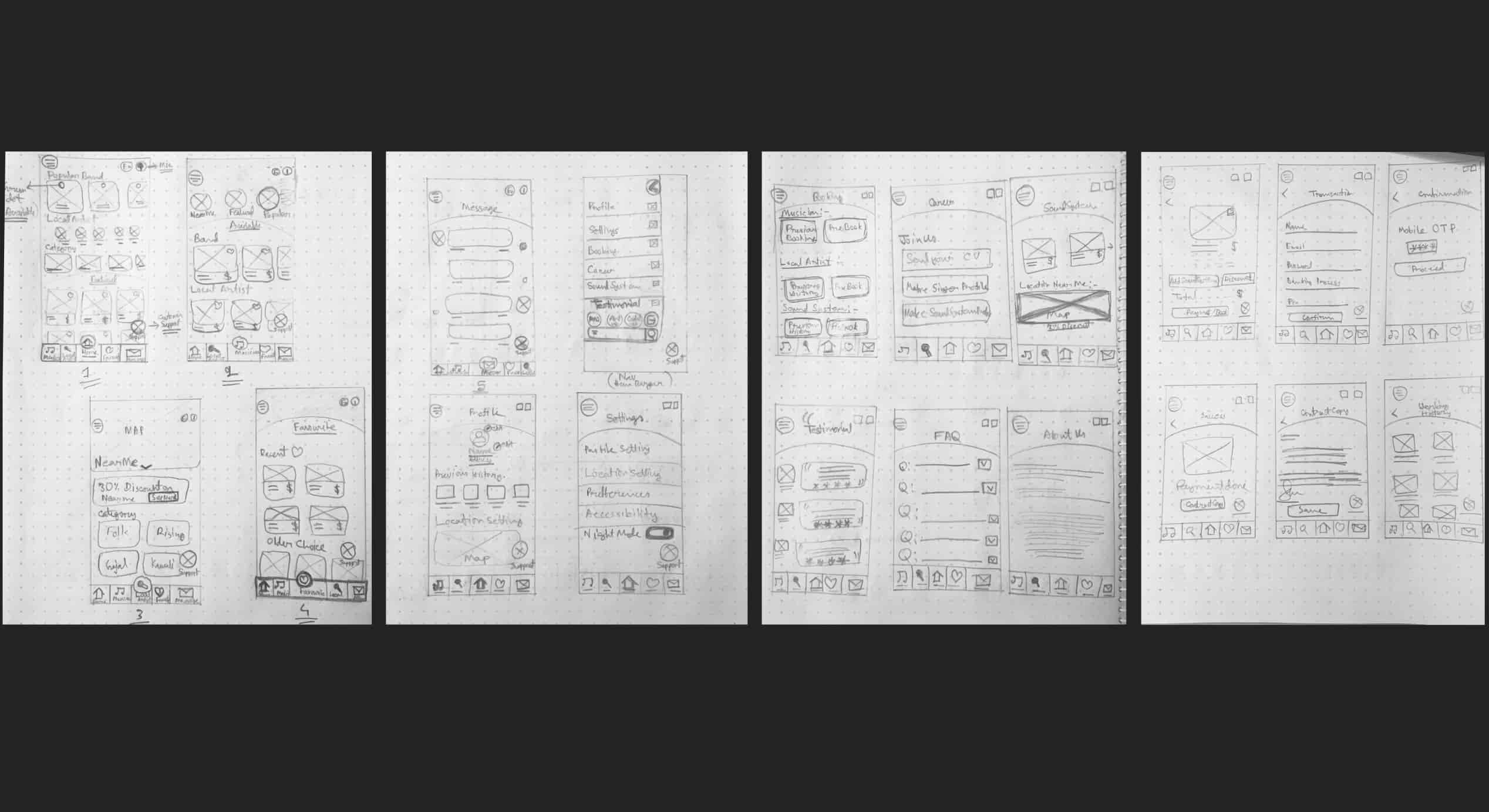 Paper and hand drawing wireframe image of case study musician booking app