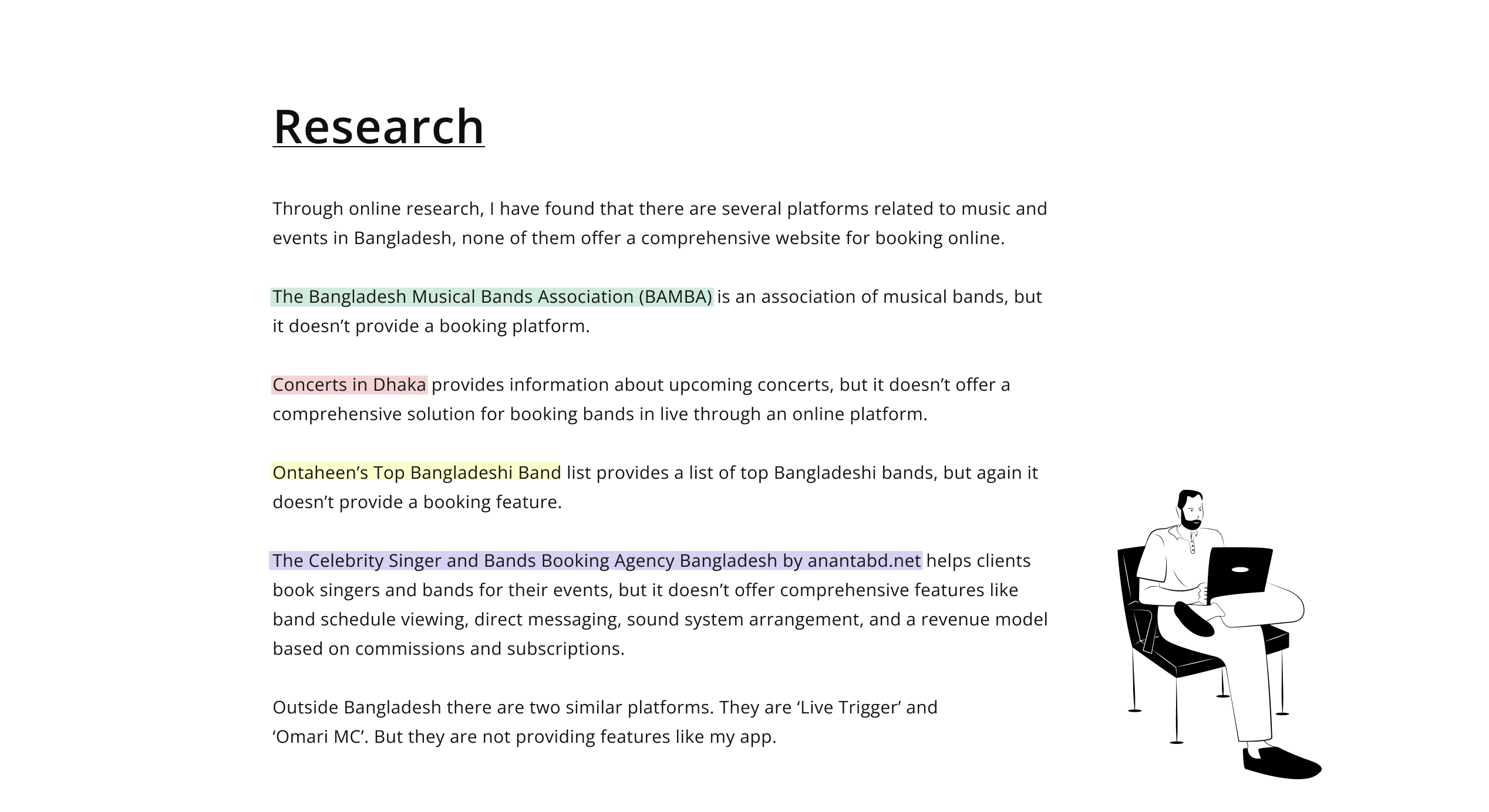 Research content for case study with an illustrator for musician booking app case study