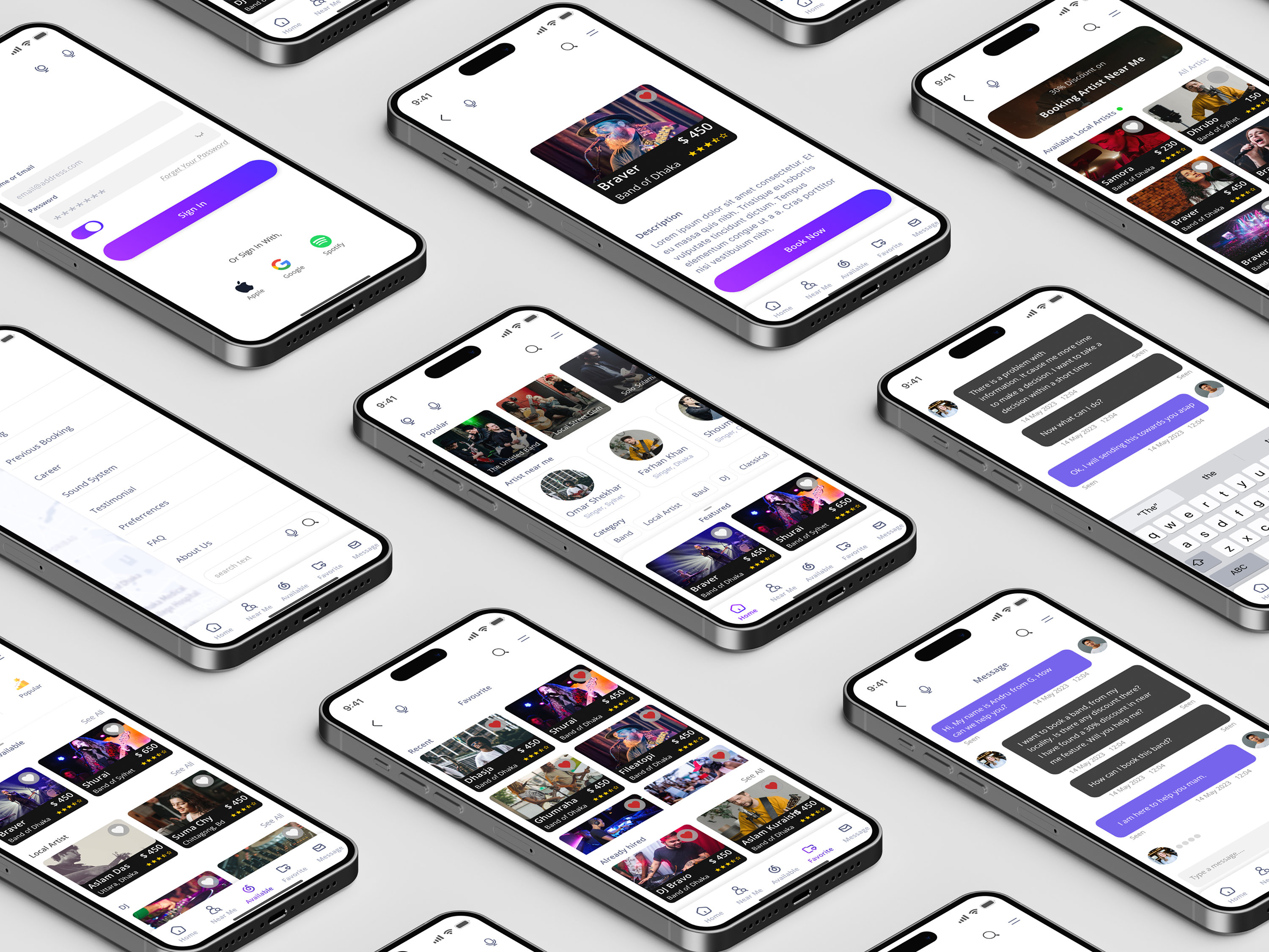 Mobile App UI UX design and mockup of many screens.